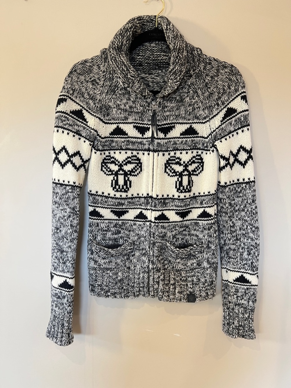 TNA Black and White Patterned Zip Front Shawl Collar Wool Sweater